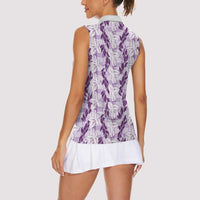 Hawaii Ti Leaf Maile Tuberose Lei Women Sleeveless Polo Shirt With Hanalei Leaf Purple LT05 - Polynesian Pride