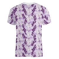 Hawaii Ti Leaf Maile Tuberose Lei Women V-Neck T-Shirt With Hanalei Leaf Purple LT05 - Polynesian Pride