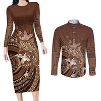 Samoa Tatau Marlin Couples Matching Long Sleeve Bodycon Dress and Long Sleeve Button Shirt With Siapo Motifs Brown