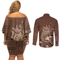 Samoa Tatau Marlin Couples Matching Off Shoulder Short Dress and Long Sleeve Button Shirt With Siapo Motifs Brown LT05 - Polynesian Pride