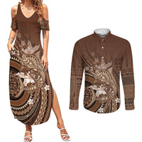 Samoa Tatau Marlin Couples Matching Summer Maxi Dress and Long Sleeve Button Shirt With Siapo Motifs Brown LT05 Brown - Polynesian Pride