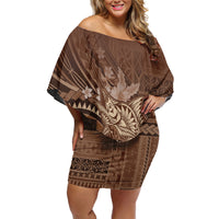 Samoa Tatau Marlin Family Matching Off Shoulder Short Dress and Hawaiian Shirt With Siapo Motifs Brown