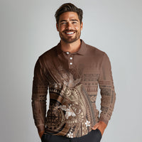 Samoa Tatau Marlin Long Sleeve Polo Shirt With Siapo Motifs Brown LT05 - Polynesian Pride