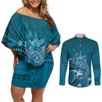 Samoa Tatau Marlin Couples Matching Off Shoulder Short Dress and Long Sleeve Button Shirt With Siapo Motifs Teal LT05 Teal - Polynesian Pride