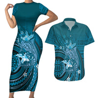 Samoa Tatau Marlin Couples Matching Short Sleeve Bodycon Dress and Hawaiian Shirt With Siapo Motifs Teal