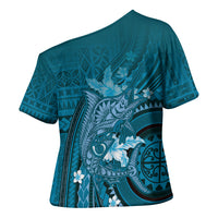 Samoa Tatau Marlin Cross Shoulder Shirt With Siapo Motifs Teal LT05 - Polynesian Pride