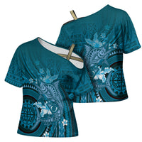 Samoa Tatau Marlin Cross Shoulder Shirt With Siapo Motifs Teal LT05 - Polynesian Pride