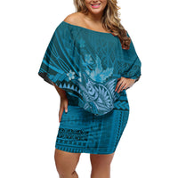 Samoa Tatau Marlin Family Matching Off Shoulder Short Dress and Hawaiian Shirt With Siapo Motifs Teal