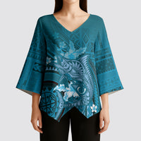 Samoa Tatau Marlin Kimono Sleeve Blouse With Siapo Motifs Teal LT05 - Polynesian Pride