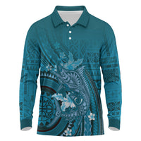 Samoa Tatau Marlin Long Sleeve Polo Shirt With Siapo Motifs Teal LT05 Teal - Polynesian Pride