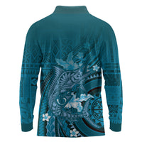 Samoa Tatau Marlin Long Sleeve Polo Shirt With Siapo Motifs Teal LT05 - Polynesian Pride