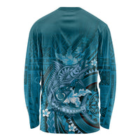 Samoa Tatau Marlin Long Sleeve Shirt With Siapo Motifs Teal LT05 - Polynesian Pride