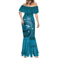 Samoa Tatau Marlin Mermaid Dress With Siapo Motifs Teal LT05 - Polynesian Pride