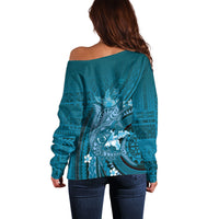 Samoa Tatau Marlin Off Shoulder Sweater With Siapo Motifs Teal LT05 - Polynesian Pride