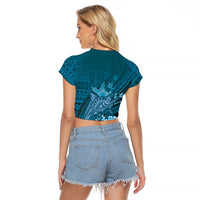 Samoa Tatau Marlin Raglan Cropped T Shirt With Siapo Motifs Teal LT05 - Polynesian Pride