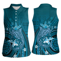 Samoa Tatau Marlin Women Sleeveless Polo Shirt With Siapo Motifs Teal LT05 - Polynesian Pride