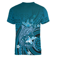 Samoa Tatau Marlin Women V-Neck T-Shirt With Siapo Motifs Teal LT05 - Polynesian Pride