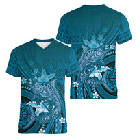 Samoa Tatau Marlin Women V-Neck T-Shirt With Siapo Motifs Teal LT05 - Polynesian Pride