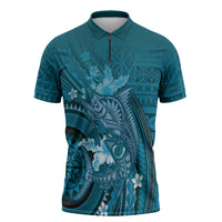 Samoa Tatau Marlin Zipper Polo Shirt With Siapo Motifs Teal LT05 Teal - Polynesian Pride