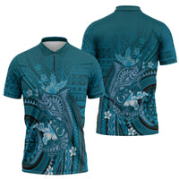 Samoa Tatau Marlin Zipper Polo Shirt With Siapo Motifs Teal LT05 - Polynesian Pride
