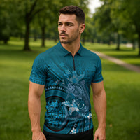 Samoa Tatau Marlin Zipper Polo Shirt With Siapo Motifs Teal LT05 - Polynesian Pride