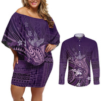 Samoa Tatau Marlin Couples Matching Off Shoulder Short Dress and Long Sleeve Button Shirt With Siapo Motifs Violet LT05 Violet - Polynesian Pride
