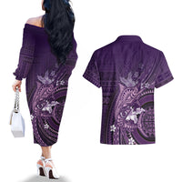 Samoa Tatau Marlin Couples Matching Off The Shoulder Long Sleeve Dress and Hawaiian Shirt With Siapo Motifs Violet
