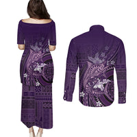 Samoa Tatau Marlin Couples Matching Puletasi and Long Sleeve Button Shirt With Siapo Motifs Violet LT05 - Polynesian Pride