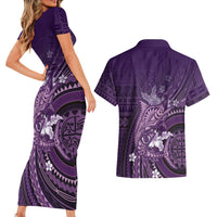 Samoa Tatau Marlin Couples Matching Short Sleeve Bodycon Dress and Hawaiian Shirt With Siapo Motifs Violet