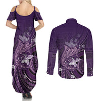 Samoa Tatau Marlin Couples Matching Summer Maxi Dress and Long Sleeve Button Shirt With Siapo Motifs Violet LT05 - Polynesian Pride
