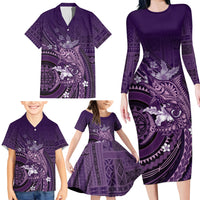 Samoa Tatau Marlin Family Matching Long Sleeve Bodycon Dress and Hawaiian Shirt With Siapo Motifs Violet