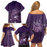 Samoa Tatau Marlin Family Matching Off Shoulder Short Dress and Hawaiian Shirt With Siapo Motifs Violet