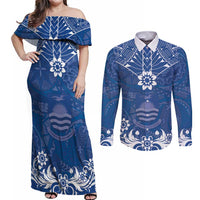 Wikin te Taetae ni Kiribati Couples Matching Off Shoulder Maxi Dress and Long Sleeve Button Shirt Pacific Tapa Pattern LT05 Blue - Polynesian Pride