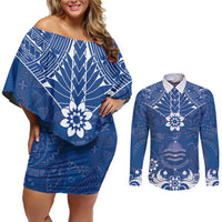 Wikin te Taetae ni Kiribati Couples Matching Off Shoulder Short Dress and Long Sleeve Button Shirt Pacific Tapa Pattern LT05 Blue - Polynesian Pride