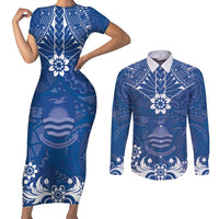 Wikin te Taetae ni Kiribati Couples Matching Short Sleeve Bodycon Dress and Long Sleeve Button Shirt Pacific Tapa Pattern LT05 Blue - Polynesian Pride