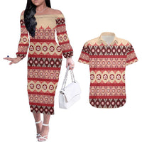 Tonga Language Week Couples Matching Off The Shoulder Long Sleeve Dress and Hawaiian Shirt Lea Faka-Tonga Everyday LT05 Beige - Polynesian Pride