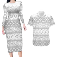 Tonga White Sunday Couples Matching Long Sleeve Bodycon Dress and Hawaiian Shirt Tongan Ngatu Siale Pattern - Polynesian Pride