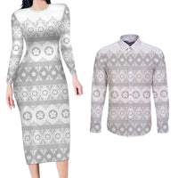Tonga White Sunday Couples Matching Long Sleeve Bodycon Dress and Long Sleeve Button Shirt Tongan Ngatu Siale Pattern - Polynesian Pride