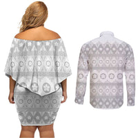 Tonga White Sunday Couples Matching Off Shoulder Short Dress and Long Sleeve Button Shirt Tongan Ngatu Siale Pattern - Polynesian Pride