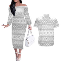 Tonga White Sunday Couples Matching Off The Shoulder Long Sleeve Dress and Hawaiian Shirt Tongan Ngatu Siale Pattern - Polynesian Pride