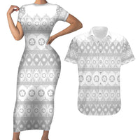 Tonga White Sunday Couples Matching Short Sleeve Bodycon Dress and Hawaiian Shirt Tongan Ngatu Siale Pattern - Polynesian Pride