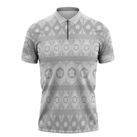 Tonga White Sunday Zipper Polo Shirt Tongan Ngatu Siale Pattern LT05 White - Polynesian Pride