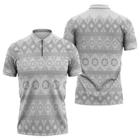 Tonga White Sunday Zipper Polo Shirt Tongan Ngatu Siale Pattern LT05 - Polynesian Pride