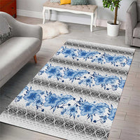 Samoa White Sunday Area Rug Samoan Tapa Blue Hibiscus - Polynesian Pride