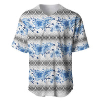 Samoa White Sunday Baseball Jersey Samoan Tapa Blue Hibiscus - Polynesian Pride