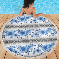 Samoa White Sunday Beach Blanket Samoan Tapa Blue Hibiscus LT05 - Polynesian Pride