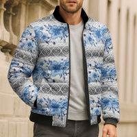 Samoa White Sunday Bomber Puffer Jacket Samoan Tapa Blue Hibiscus LT05 - Polynesian Pride