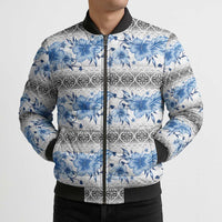 Samoa White Sunday Bomber Puffer Jacket Samoan Tapa Blue Hibiscus LT05 - Polynesian Pride