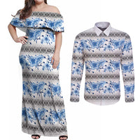 Samoa White Sunday Couples Matching Off Shoulder Maxi Dress and Long Sleeve Button Shirt Samoan Tapa Blue Hibiscus - Polynesian Pride