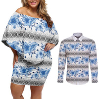 Samoa White Sunday Couples Matching Off Shoulder Short Dress and Long Sleeve Button Shirt Samoan Tapa Blue Hibiscus - Polynesian Pride